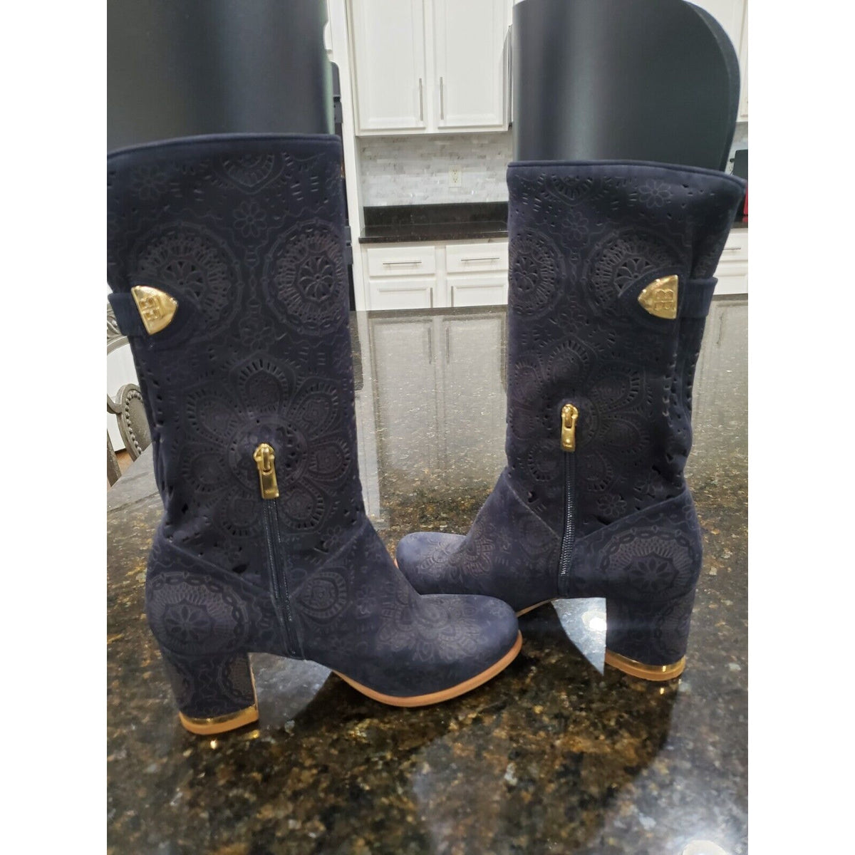 BATE Women's Blue Mid-Calf Modern Western Cowboy Chunky Heel Boot Size 37