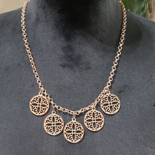Womens Graduated Filigree Floral Disc Charm Statement Necklace w/ Lobster Clasp