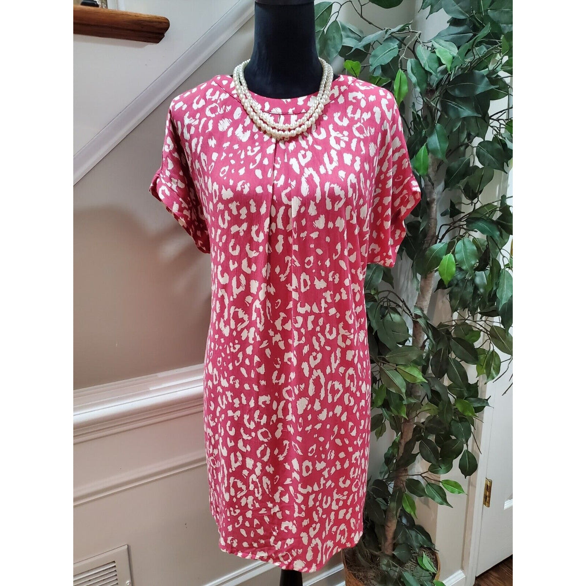 Andree Women's Pink Rayon Round Neck Short Sleeve Casual Knee Length Dress Largenn
