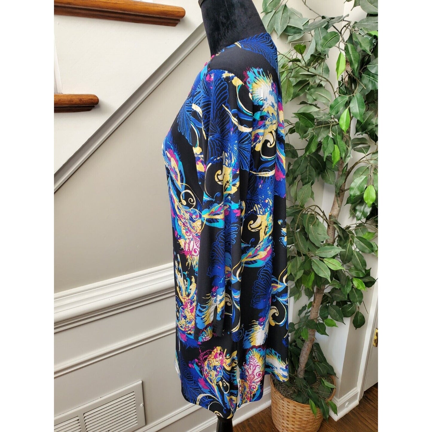 Style & Co. Women's Blue & Black Polyester V-Neck Long Sleeve Top Blouse Size L