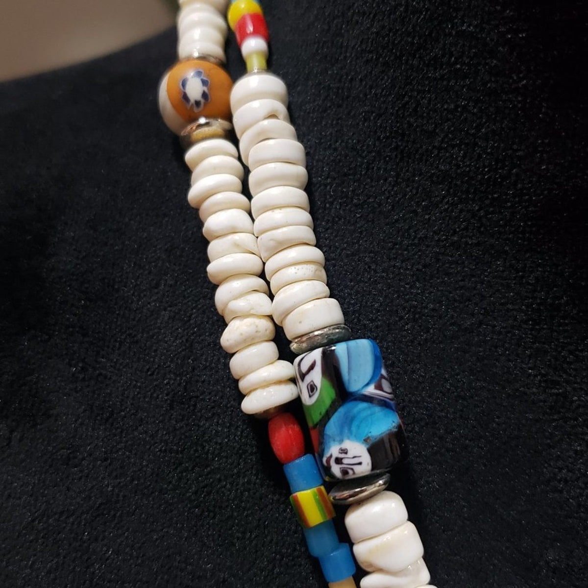 Boho Art Glass Beads, Faux Pearl Beaded Confetti Layer Long Teardrop Necklace