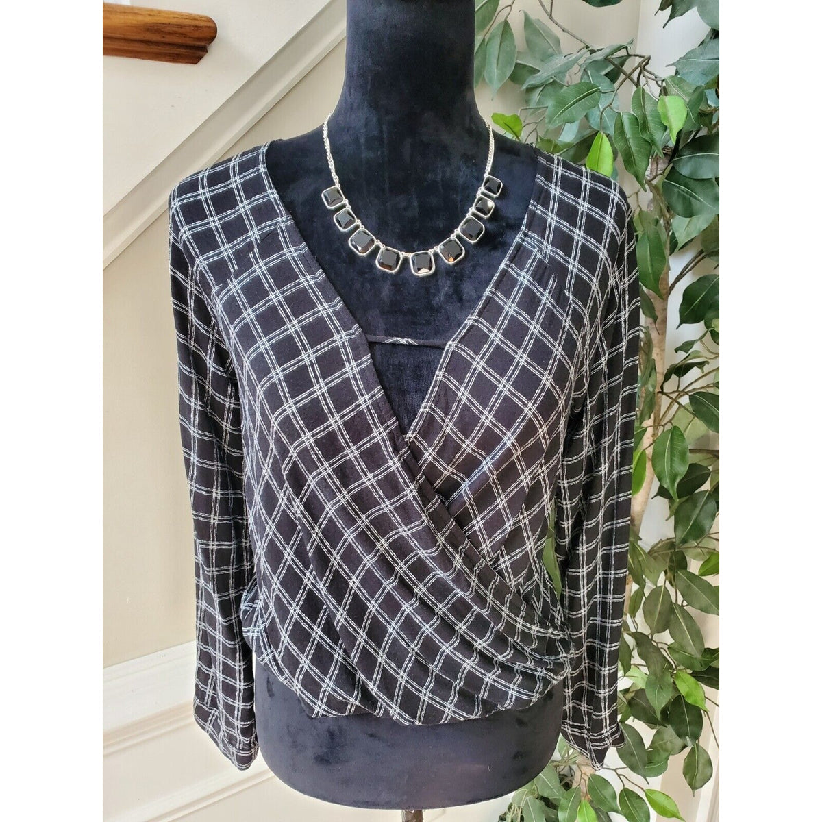 Urban Outfitters Black Blouse Plaid White Faux Wrap Open Front Cut Out Small