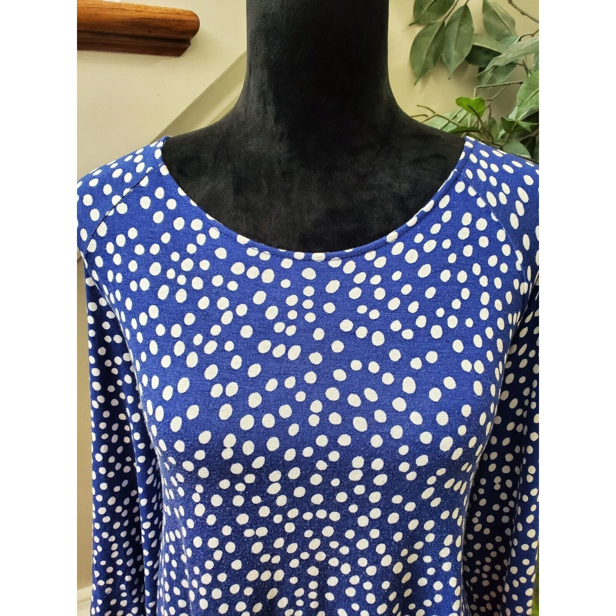 Chico's Blue Polka Dot Rayon Round Neck Long Sleeve Casual Top Blouse (3) XL