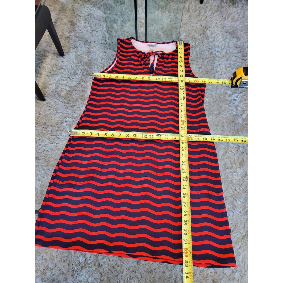 Tommy Bahama Red Navy Blue Sea Swell Split Neck Spa Dress Tassel Ties Size Small