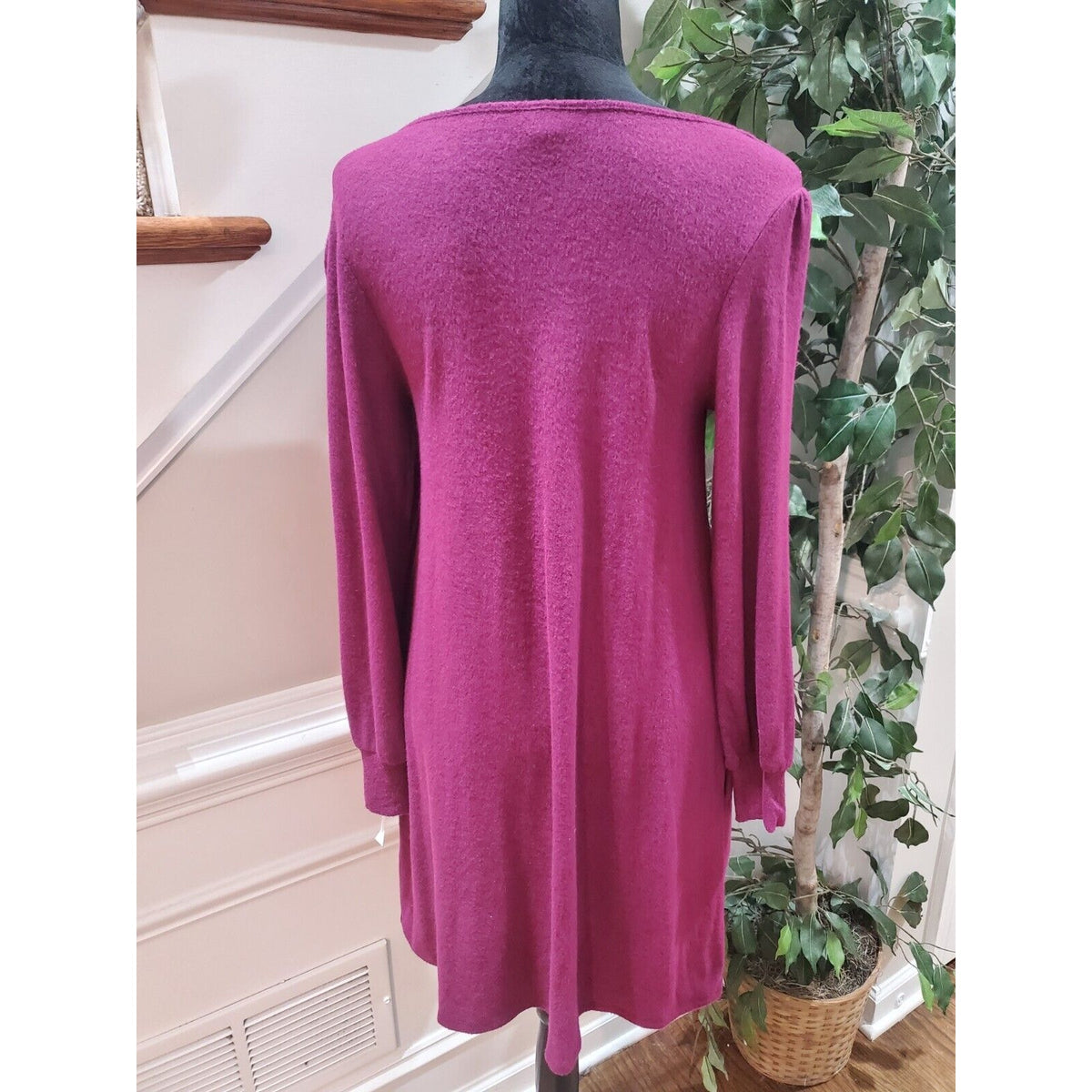 Ab Studio Purple Plum Solid Rayon Round Neck Long Sleeve Knee Length Dress XS