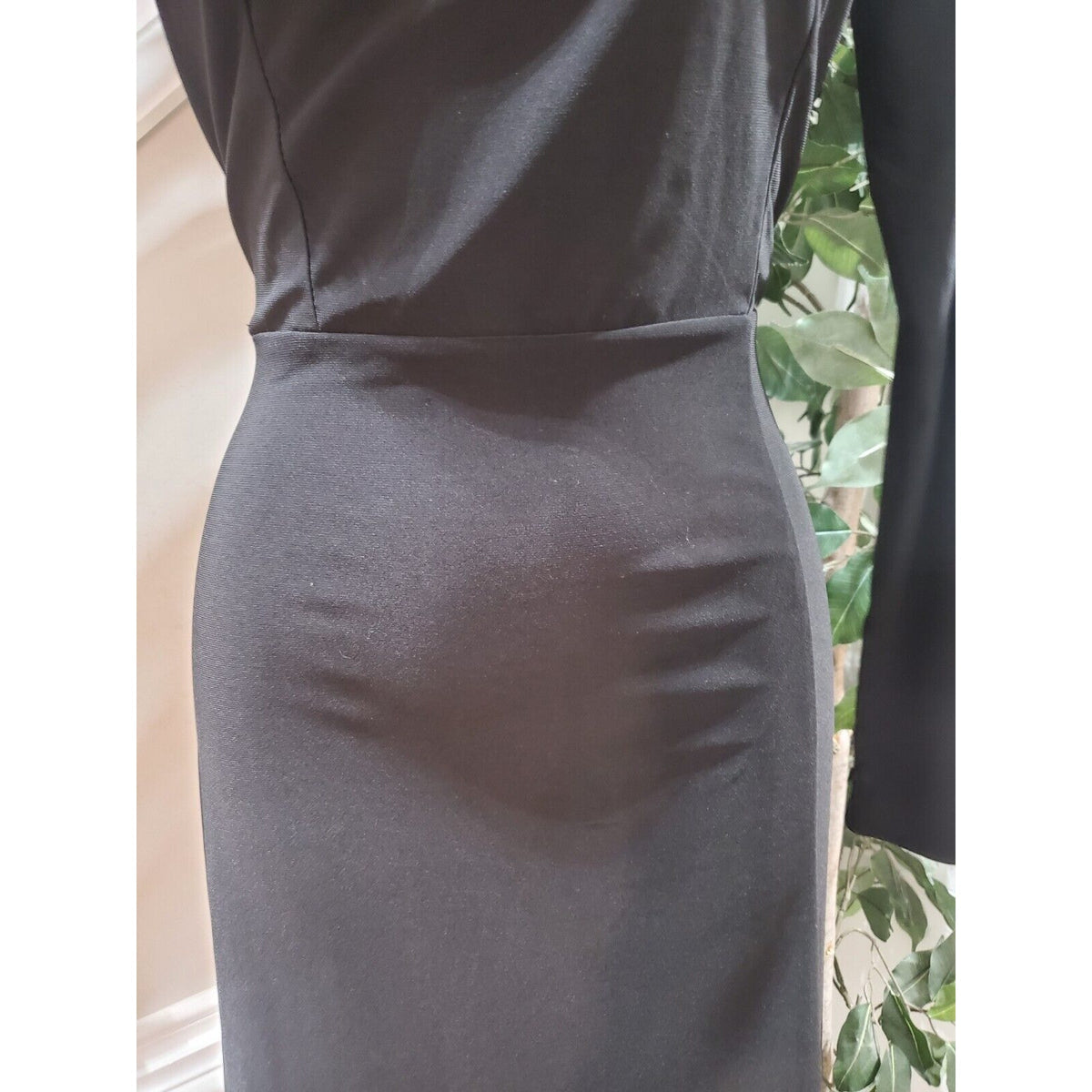 Venus Women's Black Solid Polyester One Shoulder Off Long Sleeve Long Maxi Dress