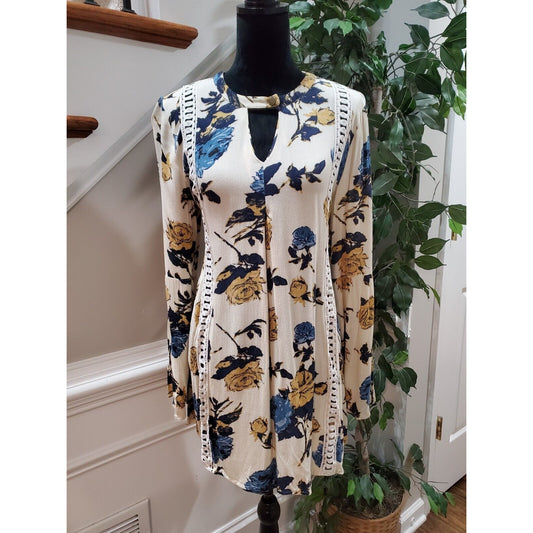 Blu Pepper Womens Beige Floral Rayon V-Neck Long Sleeve Knee Length Dress Size M
