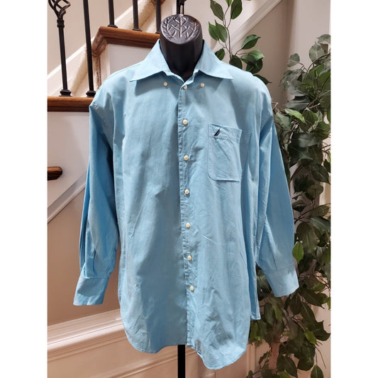 Nautica Men's Blue Cotton Long Sleeve Collared Buttons Down Casual Shirt 15.5