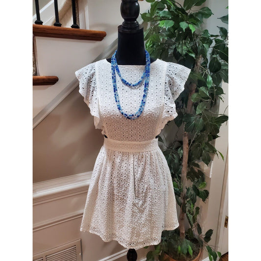 SHEIN White Eyelet Embroidery 100% Cotton Tassel Back Knee Length Dress Size XS