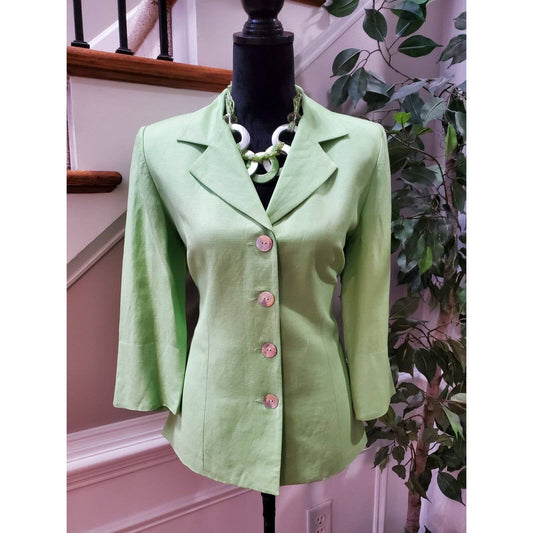 Coldwater Creek Women's Green Linen & Rayon Long Sleeve Single Breasted Blazer 6