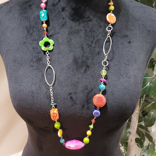 Women's Multicolor Beads & Stones Silver Plated Circle Statement Necklace