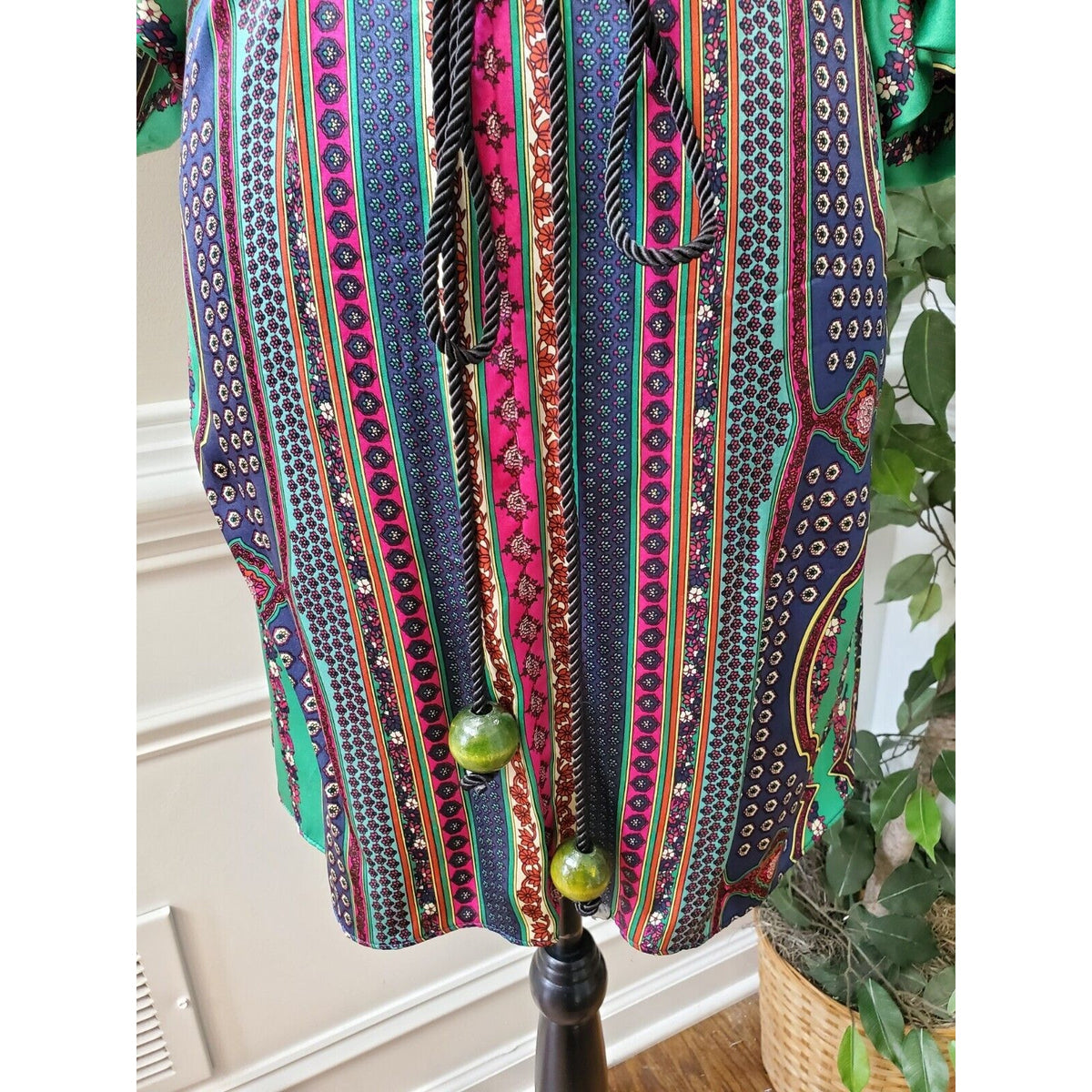 Single Dress Multicolor 100% Silk Long Sleeve Cord Waist Tie Knee Length Dress S
