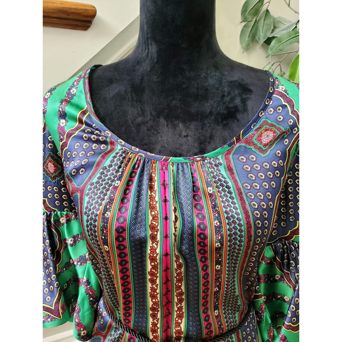 Single Dress Multicolor 100% Silk Long Sleeve Cord Waist Tie Knee Length Dress S