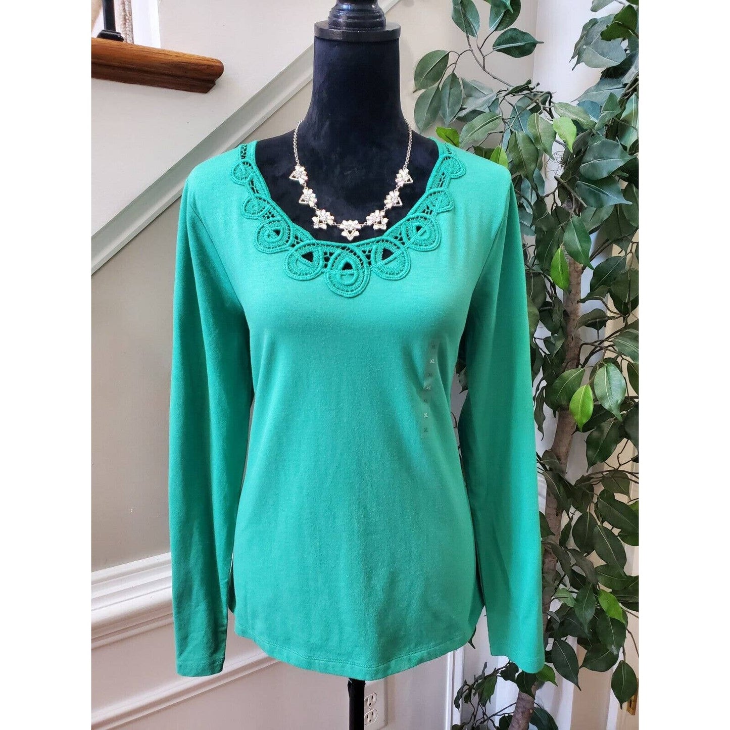 Liz Claiborne Women's Green Cotton Round Neck Long Sleeve Top Shirt Size X-Large