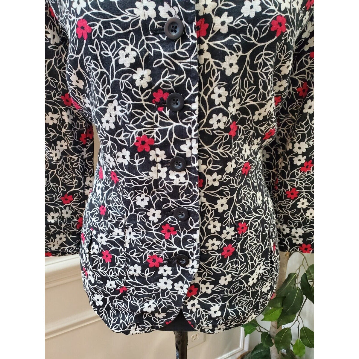 Kim Rogers Women's Black Floral Linen Collared Long Sleeve Button Down Shirt 12