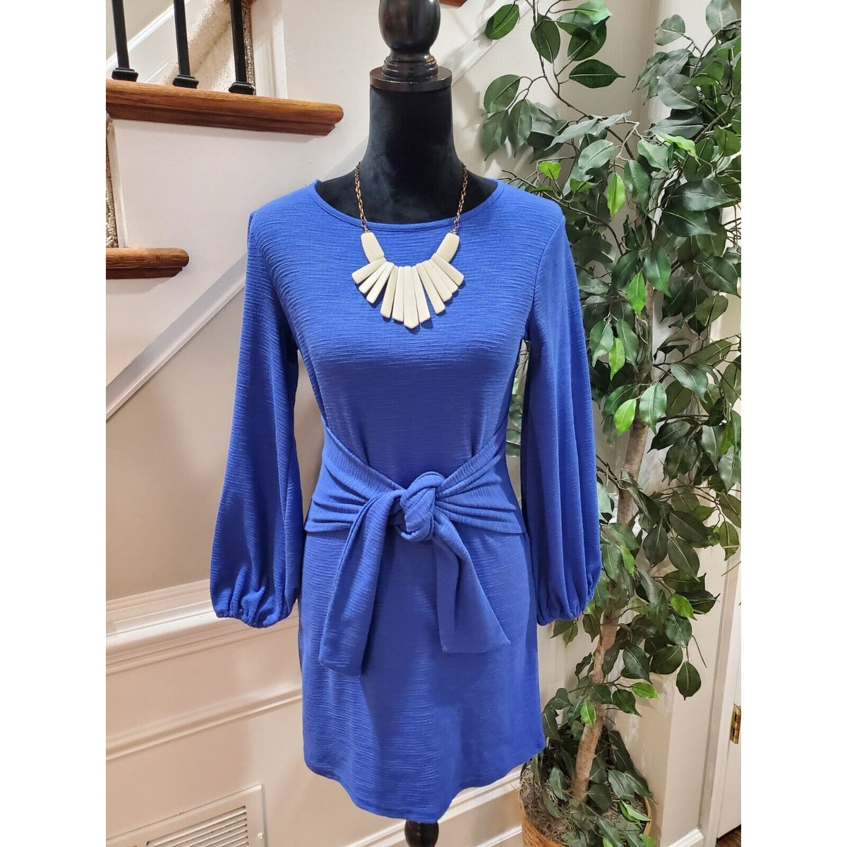 R. Vivimos Women Blue Polyester Round Neck Long Sleeve Knee Length Dress Size S