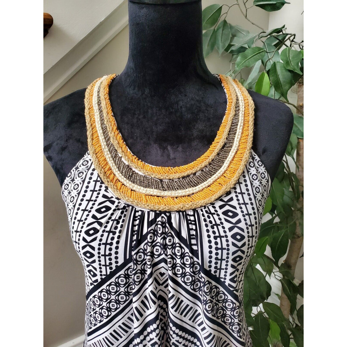 INC Black & White Rope Beaded Round Neck Sleeveless Casual Top Blouse Size M