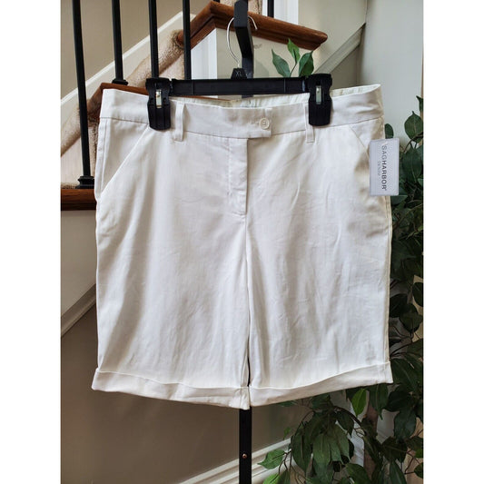Sagharbor Women's White Denim Cotton Flat Front Bermuda Chino Cuffed Shorts 12