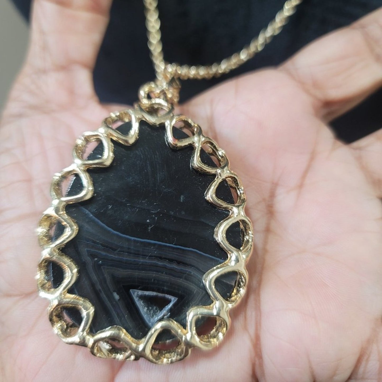 Womens Gold Plated Big Glass Black Charm Pendant Necklace