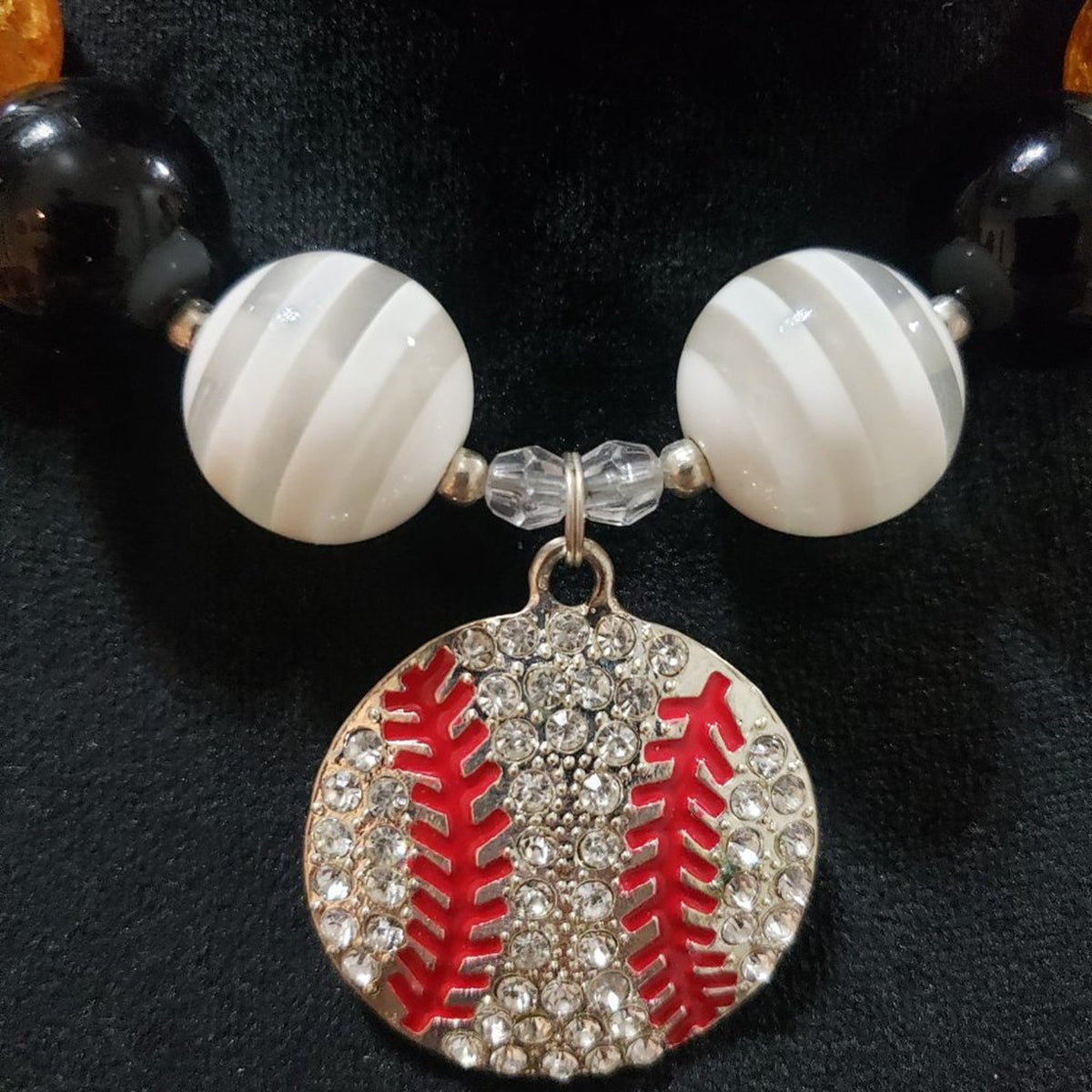 Women White Stripe Beads, Bubblegum Chunky Baseball Giants Tigers Bead Necklace