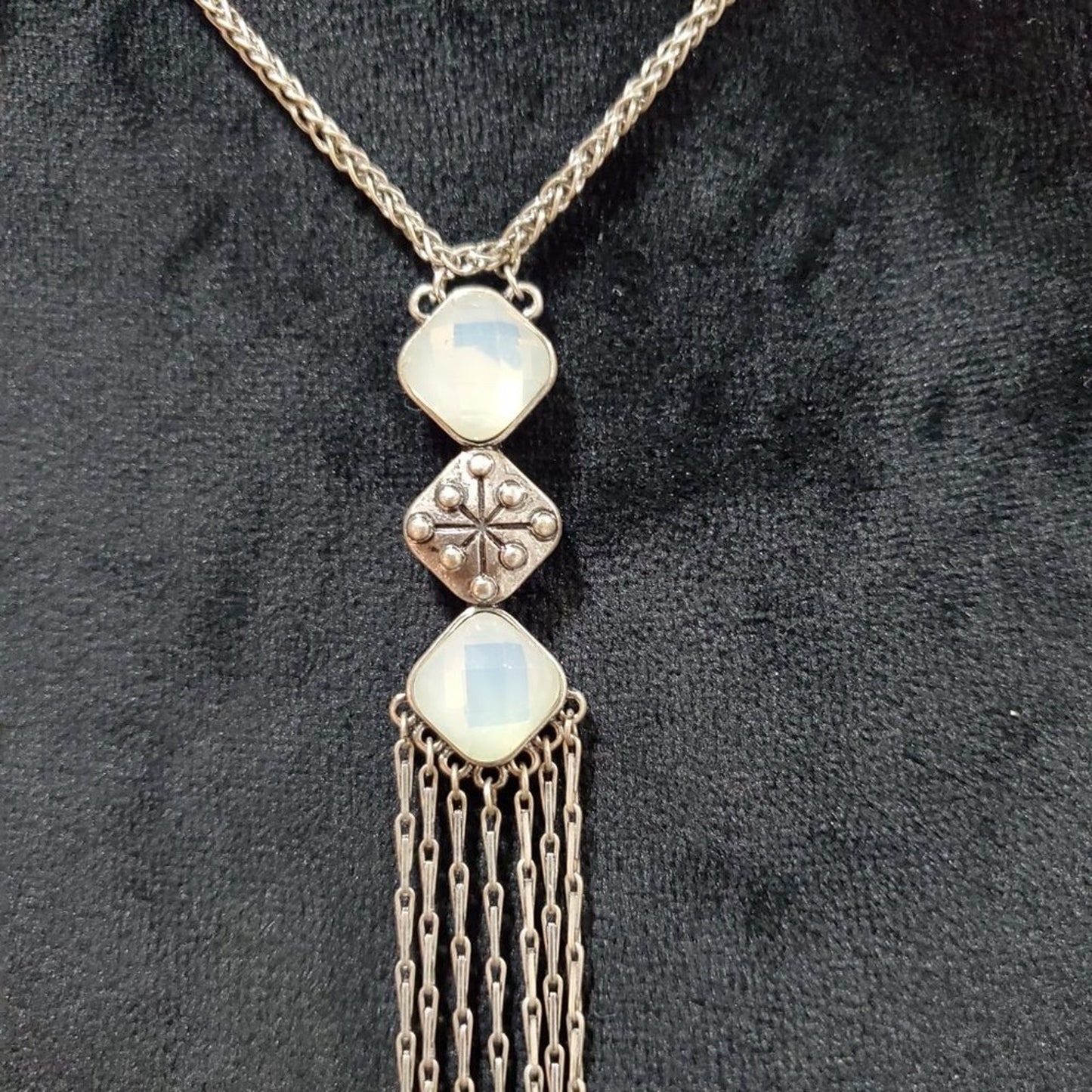 Womens Faux Moonstone Tassel Long Gold Charm Pendant Necklace