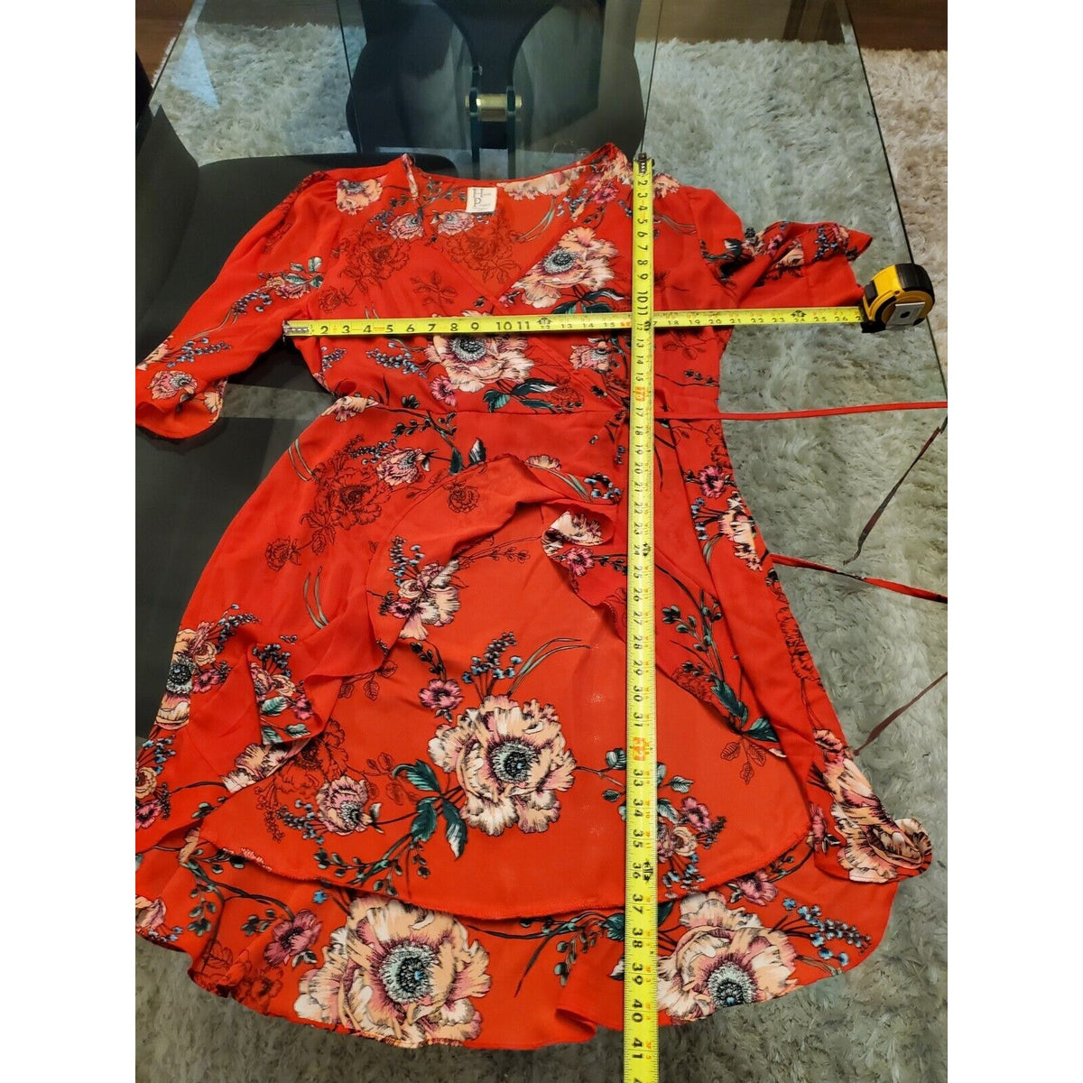 Haute Project Women Red Floral 100% Polyester V-Neck Long Sleeve Top Blouse XL