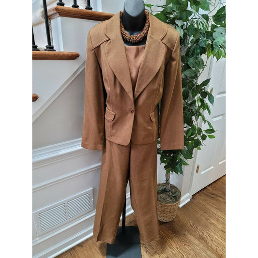 Sag Harbor Women's Brown 100% Polyester Blazer/Top & Pant 3 Piece Suits Size 16