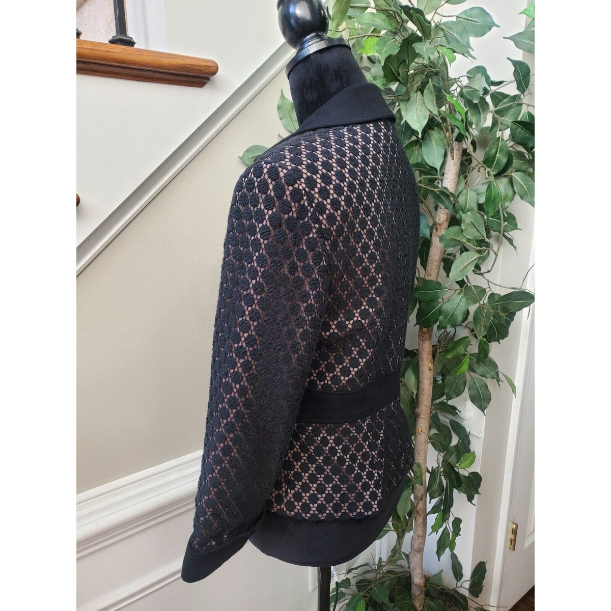 Kay Unger Womens Black Cotton 3/4 Sleeve Crochet Swiss Dot Stretch Blazer Size 6