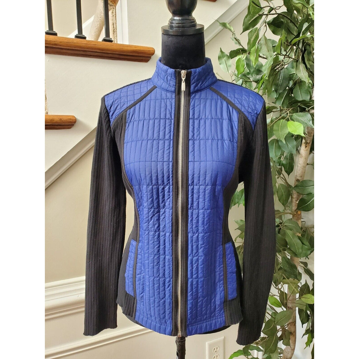 Zenergy By Chicos Women's Black Blue Cotton Long Sleeve Full Zip Front Jacket 1M