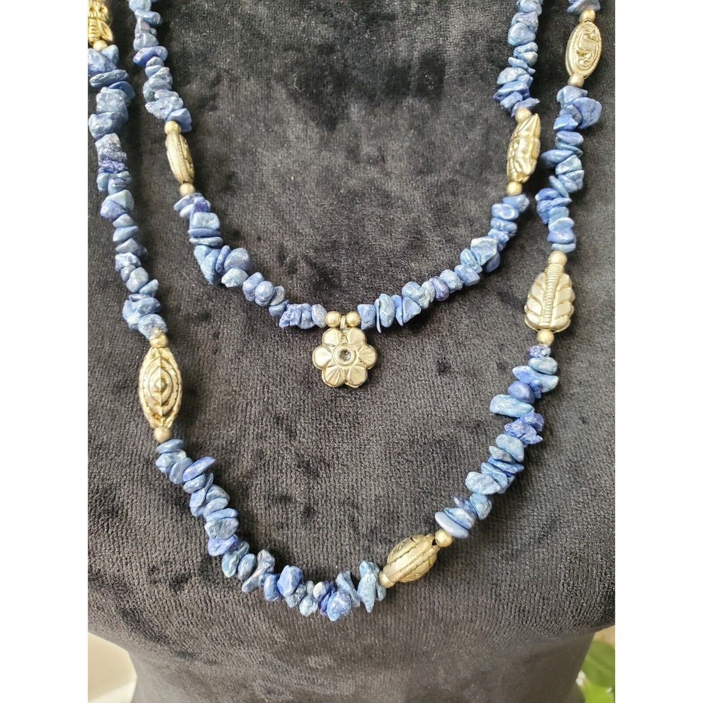Women's Vintage Blue Stone Chips With Charms Long Fashion Jewelry Necklace