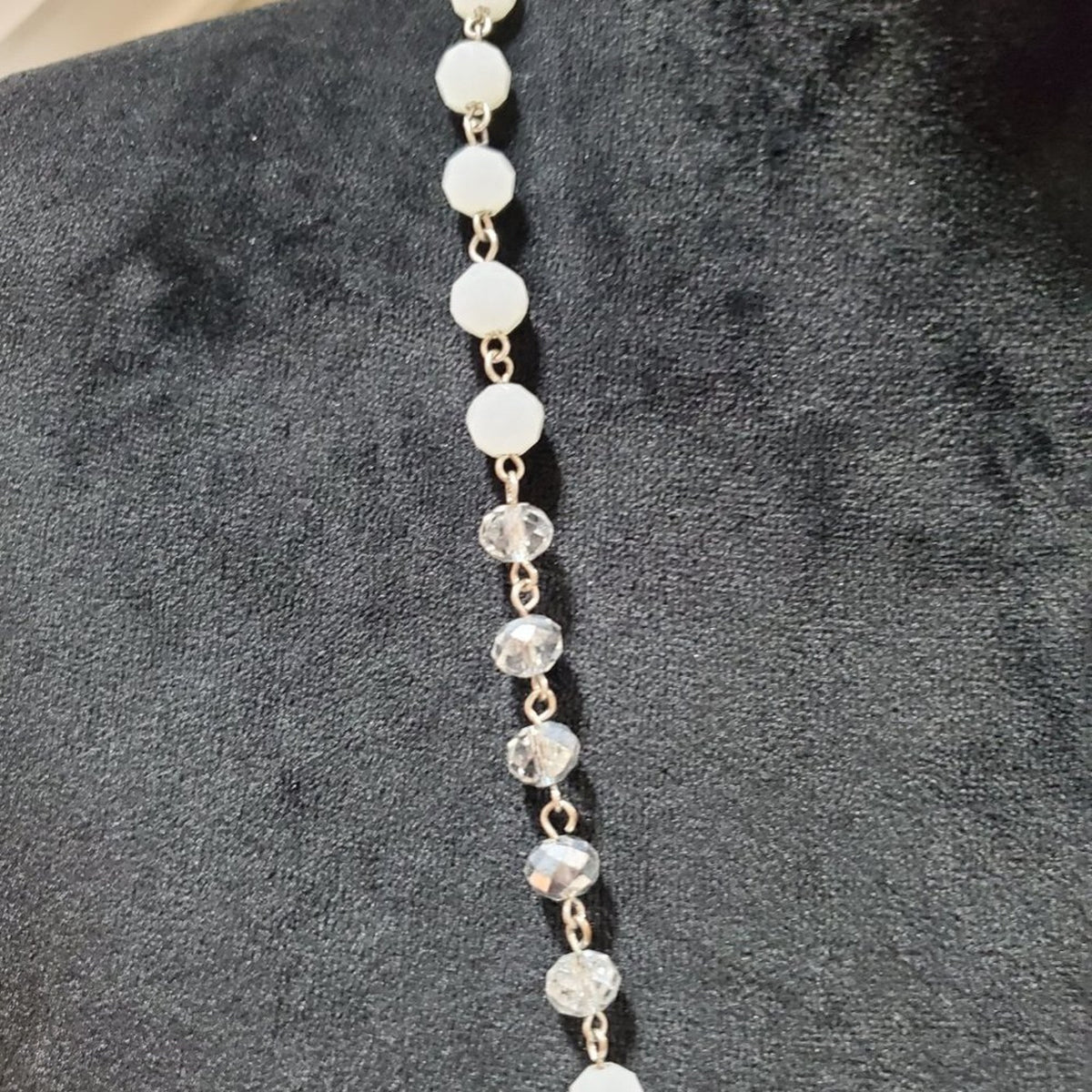 Women's Silver and White Beaded Long White Magnetic Breakaway Jewelry Necklace
