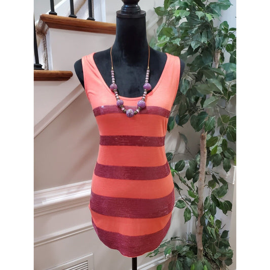 Mng Women's Orange Striped 100% Viscose Sleeveless Scoop Neck Dress Size S