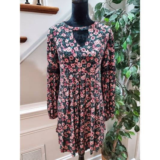 Nina Leonard Women Black Floral Rayon Round Neck Long Sleeve Knee Length Dress S