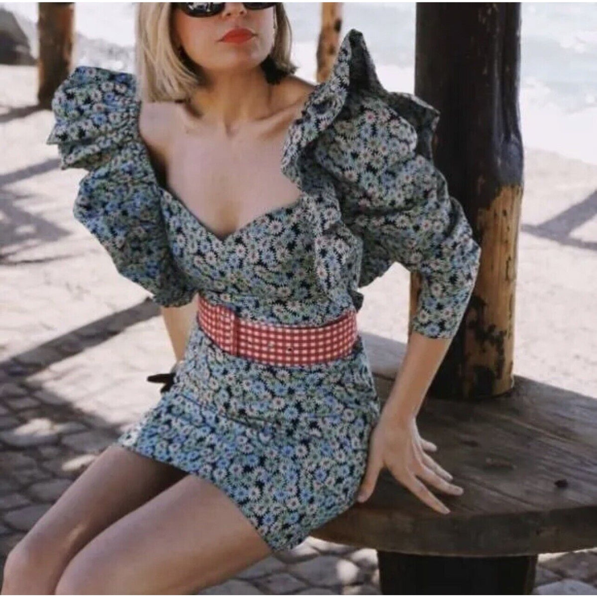 Zara Trf Poplin Daisy Puffy Balloon Shoulders Long Sleeve Knee Length Dress S