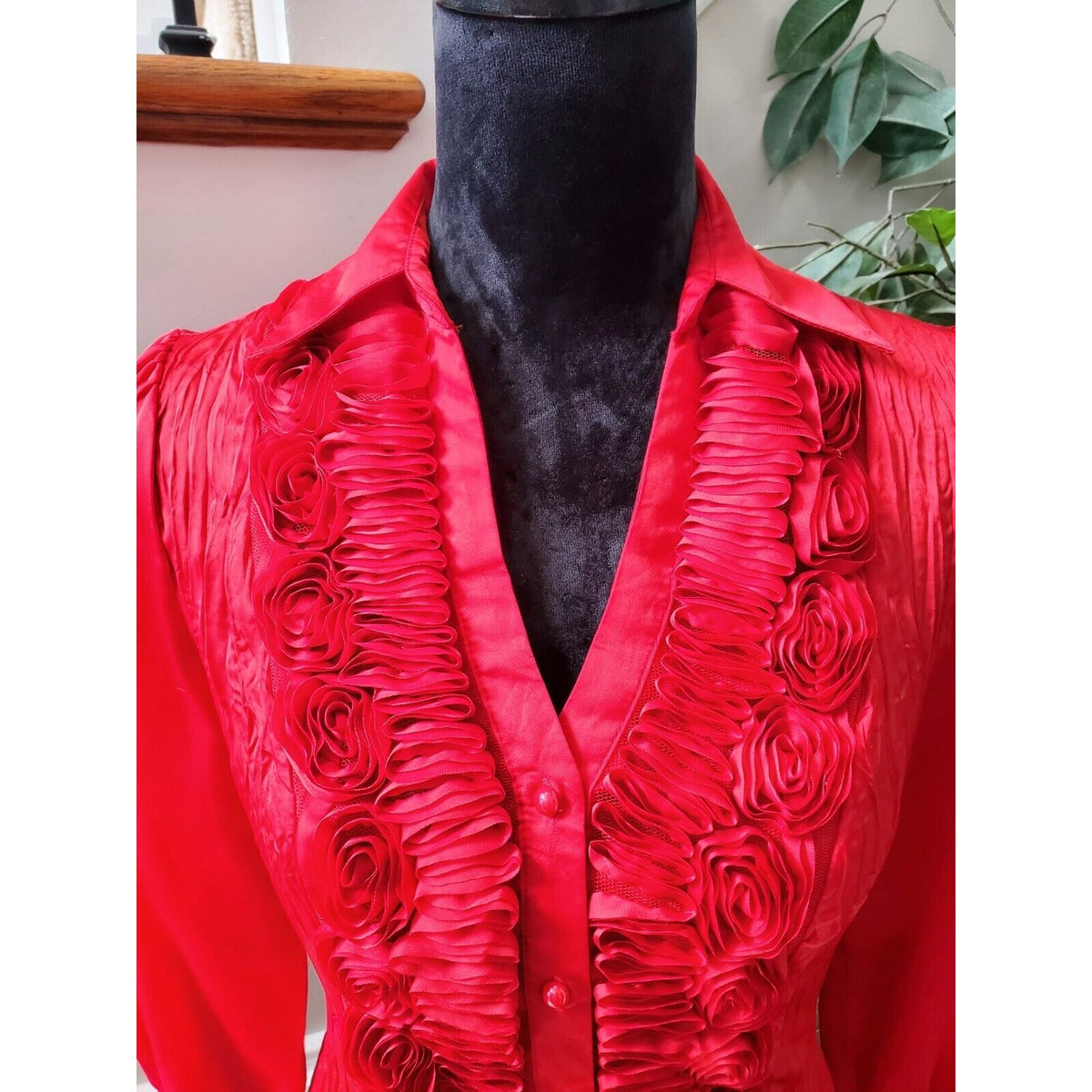 New Directions Women Red Polyester Collared Neck Long Sleeve Button Down Shirt S