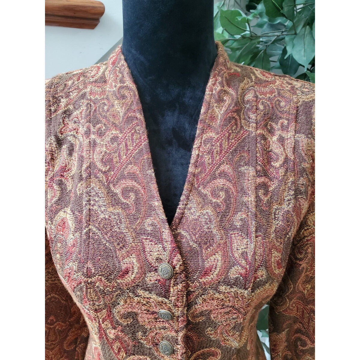 Sag Harbor Womens Brown Paisley Tapestry Button Front Jacket Blazer Size 10P