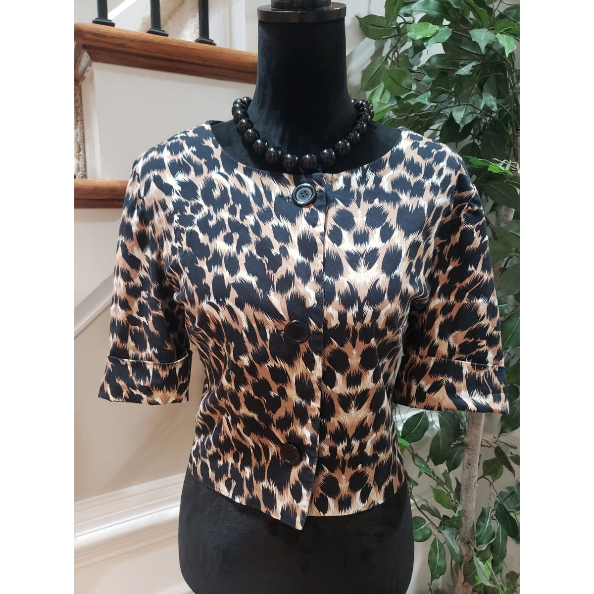 Courtenay Womens Brown Animal Print Half Sleeve Button Up Blazer Jacket Size 16
