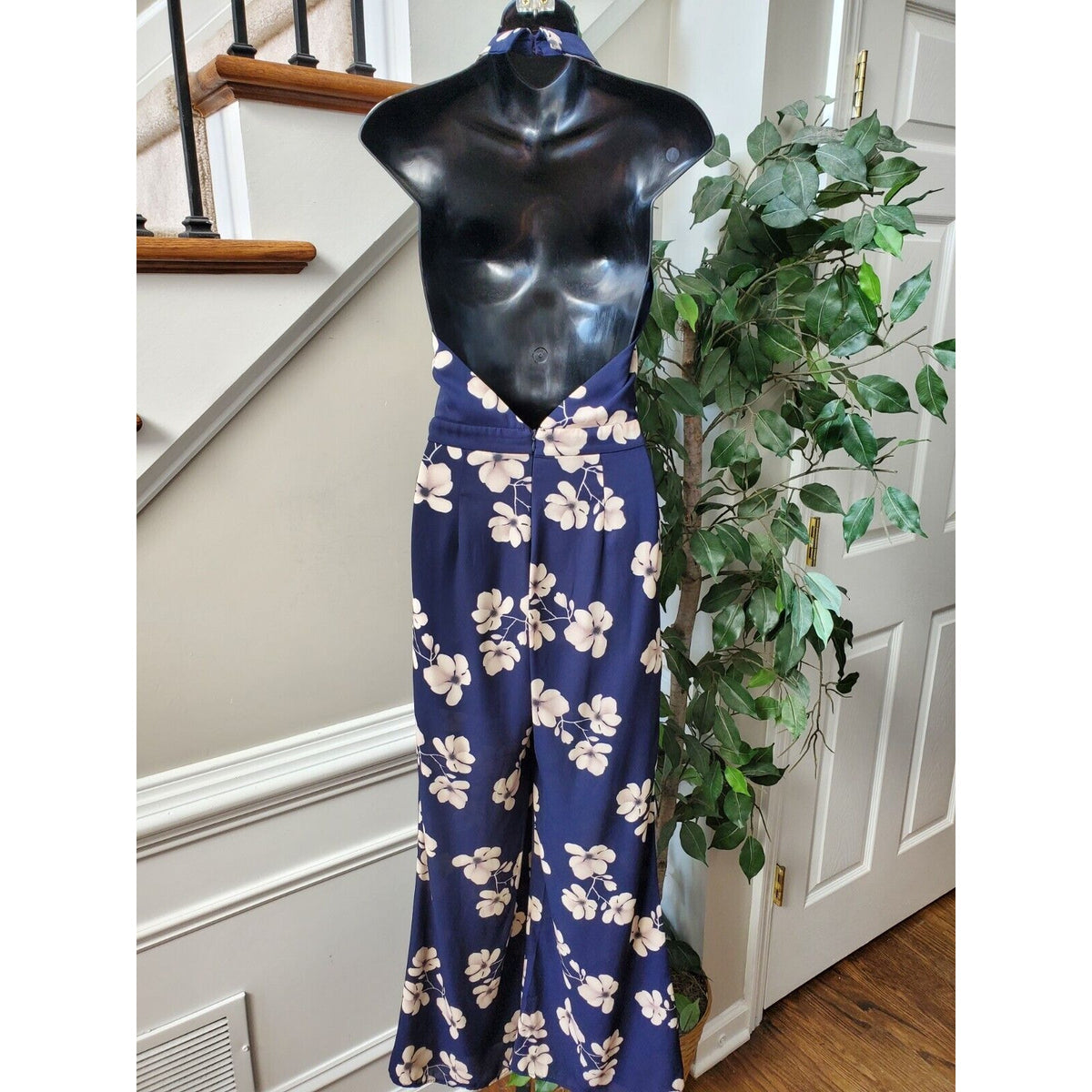 Sienna Sky Women Blue Floral Polyester Sleeveless Halter Neck Casual Jumpsuit S