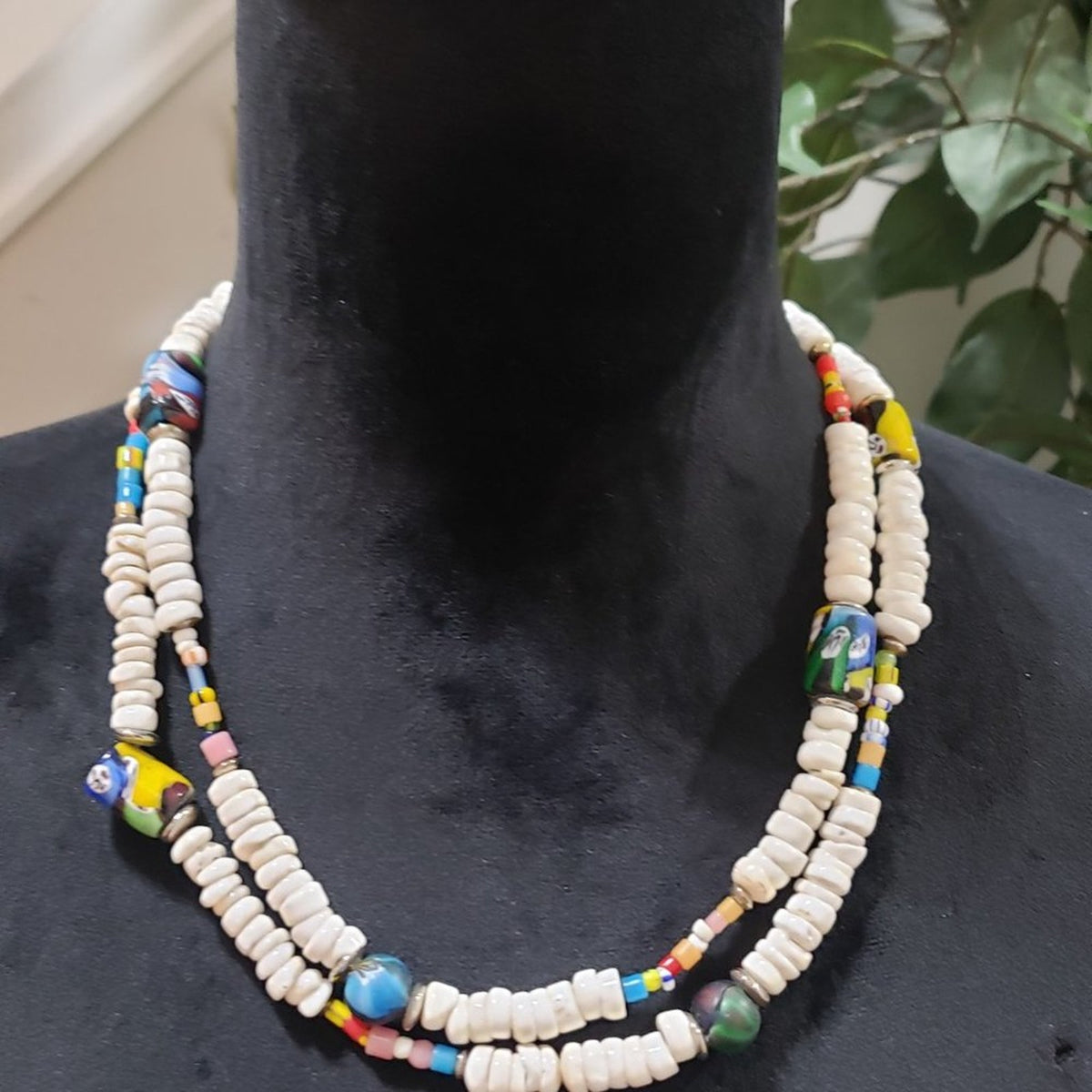Boho Art Glass Beads, Faux Pearl Beaded Confetti Layer Long Teardrop Necklace