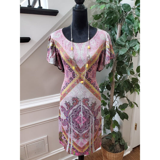 Cato Women's Multicolor Polyester Round Neck Short Sleeve Knee Length Dress M