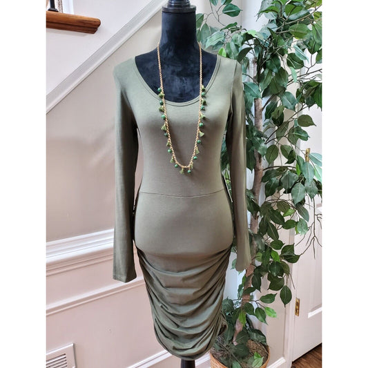 Express Women Green Solid Cotton Round Neck Long Sleeve Knee Length Dress Size M