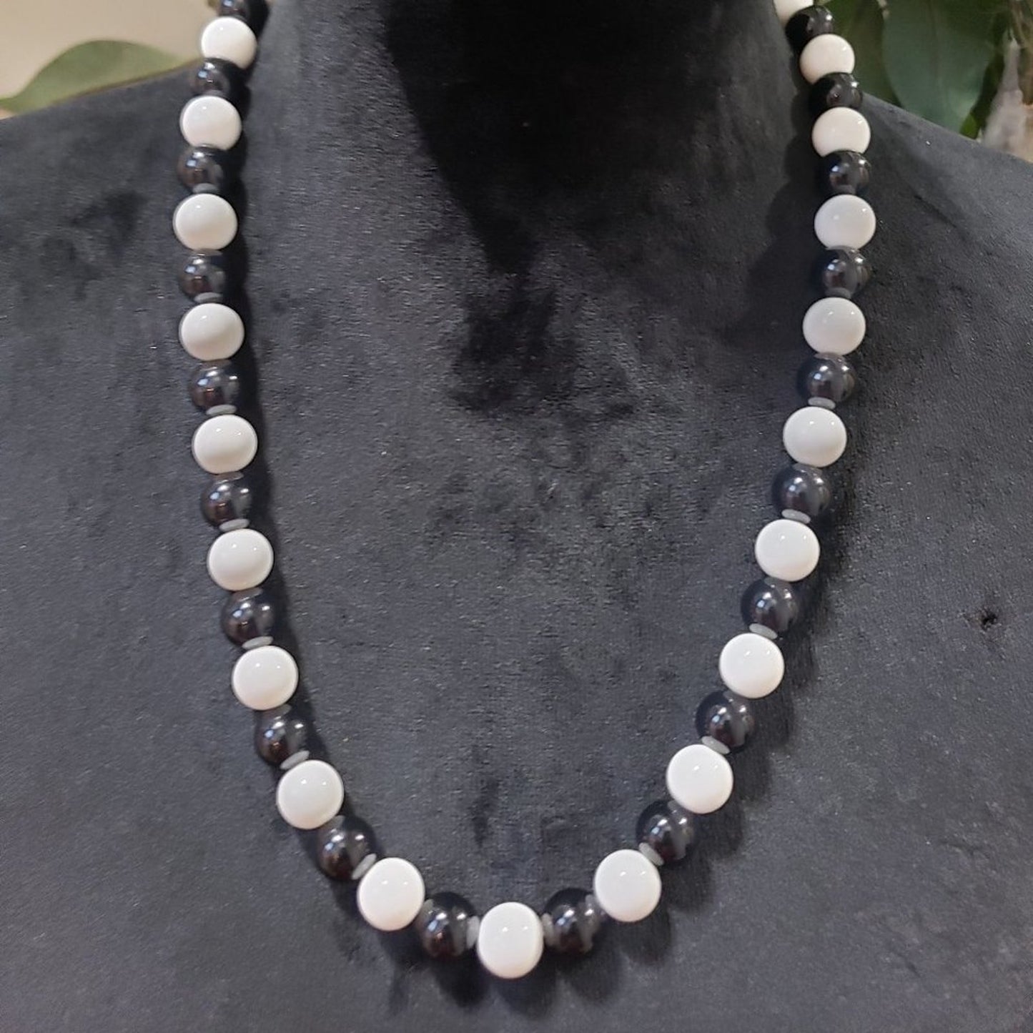 Women's White & Black Round Beaded Long Fashion Pendant Necklace