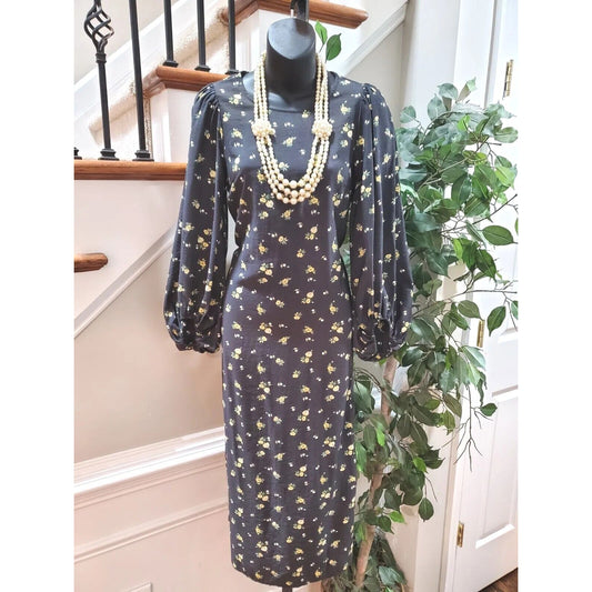 H&M Women Black Floral Viscose Round Neck Long Sleeve Knee Length Dress Size XS