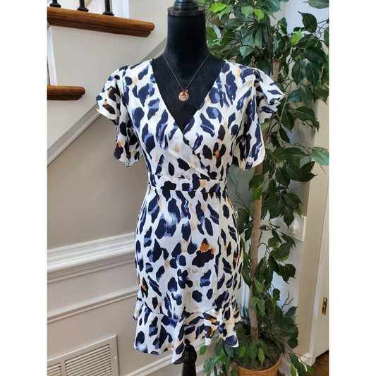 Womens Black White Animal Print Ruffle Sleeve V Neck Back Zip Sheath Dress 6