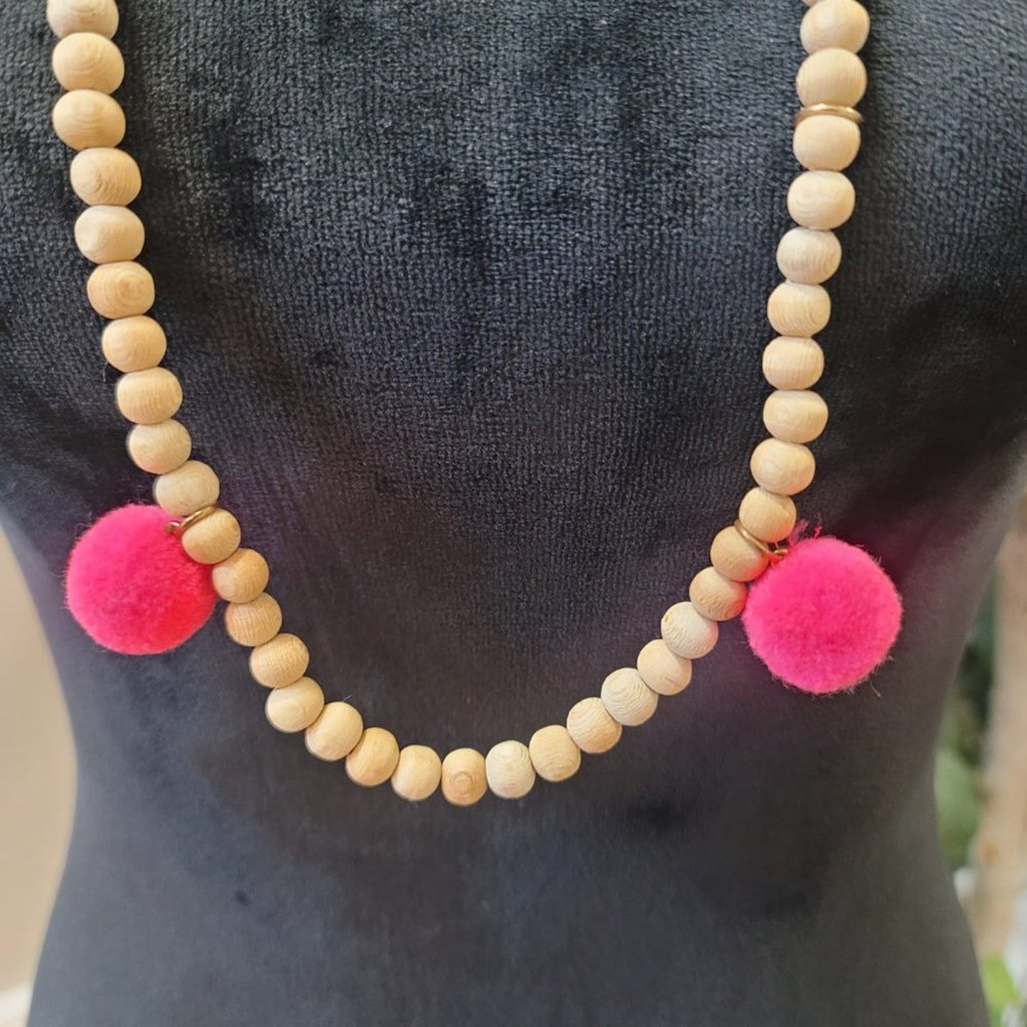 Women's Beige Wooden Round Beaded with Lobster Clasp Long Jewelry Necklace