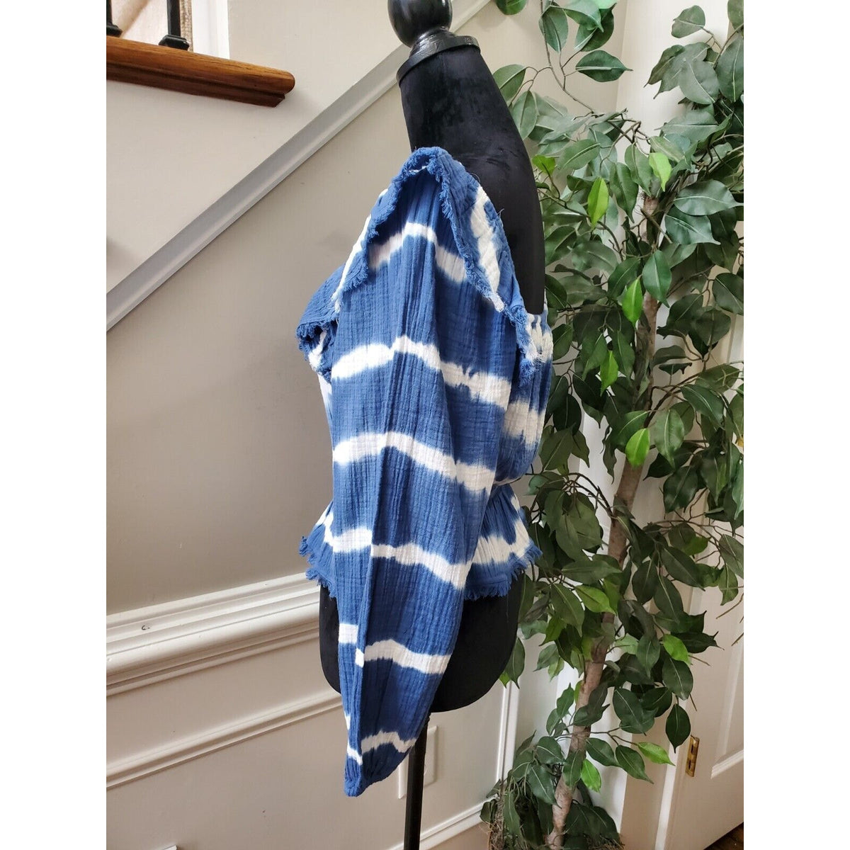 True Craft Women Blue & White Cotton Square Neck Long Sleeve Top Blouse Size XS