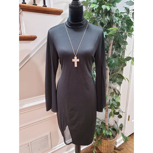 Quum Women's Black Polyester Mock Neck Long Sleeve Casual Knee Length Dress M