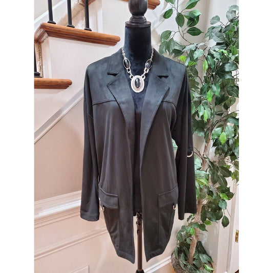 Versona Women Black Solid Polyester Long Sleeve Open Front Jacket Blazer Size L