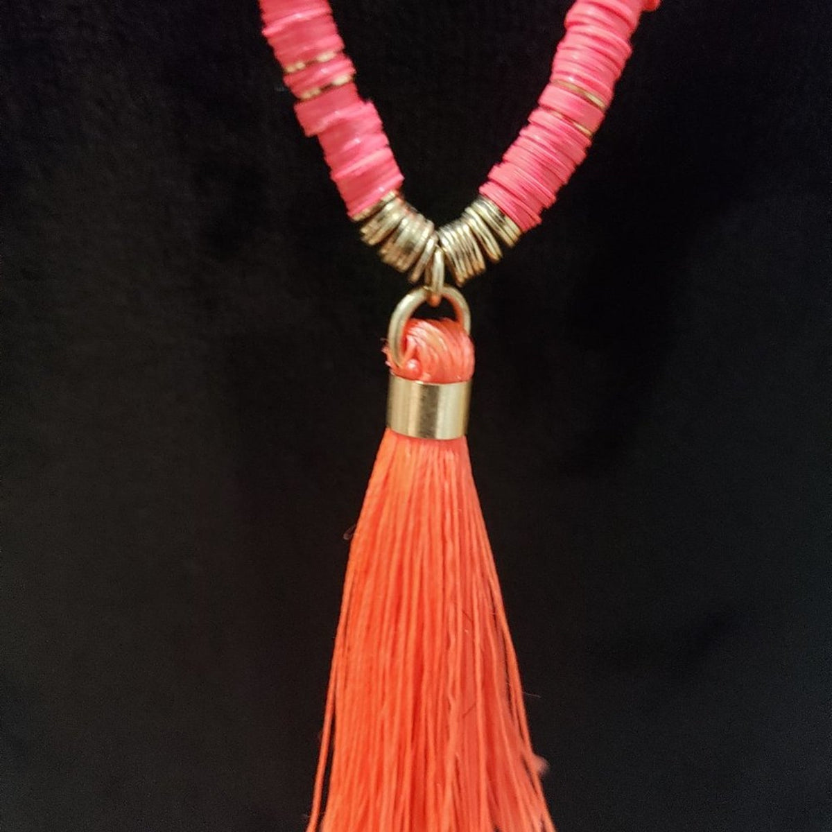 Women's Bohemian Beaded Long Pink & Gold Tassel Necklace