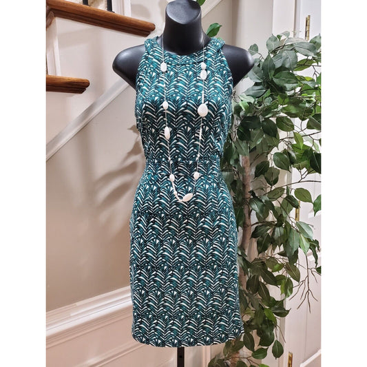 Women's Green & White Polyester Round Neck Sleeveless Knee Length Dress Size S